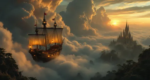 Prompt: A view from above of a fairytale galleon with glowing lanterns floating above clouds lit by sunset illuminated from below . Mist . Beneath the clouds ( visible through the clouds) a magical fairytale castle with tall pointed spires rises from the earth glowing with enchanting lights , a turquoise lake , waterfalls , rocky cliffs , an enchanted , mysterious lush forest with gnarled , lush, magical trees with tangled web of roots emerging from the ground . The most striking element is the sky . Thick, billowing clouds stretch across the sky, heavy and textured with tones of grey, brown, and hints of blue. These clouds seem to part just enough to reveal a glowing band of soft, golden-yellow light near the horizon, suggesting either a sunrise or a sunset. This light gently spills across the landscape, casting a muted radiance that enhances the depth and mystery of the scene. The style of 19th-century realism.