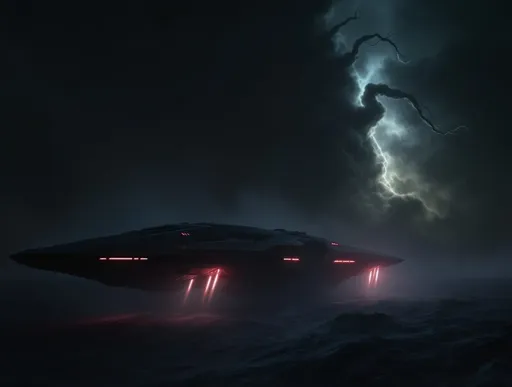 Prompt: A sleek , sci-fi , futuristic spaceship with red lights with vertical jet thrusters on hovering above stormy sea . Mist raised by the ship thrusters .Giant , menacing , dark cloud looming omniously above the ship , shadowy tendrils emerging from the cloud threatening to engulf the ship , dramatic lighting casting sinister shadows , cold and eerie ambiance . Tension filled scene . Night . Mist .