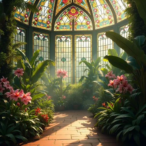Prompt: A huge Victorian greenhouse made of stained glass with intricate floral patterns framed by wrought iron ornaments . Inside lush tropical plants thrive including plumeria flowers , orchids , pink lilies and banana plants creating a vibrant and exotic atmosphere . Golden sunlight filters through colorful glass casting a mesmerizing glow over the lush greenery . Steam and mist .