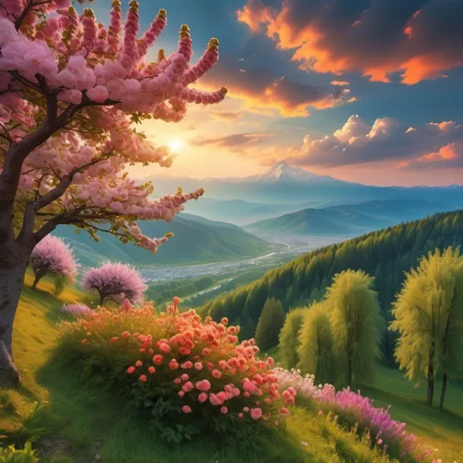 Prompt: A view from a hill right to a big blossomed tree and multicolored flowers  . Soft and dim sunset light illuminates a dream landscape with mountains and forests . Soft and fluffy clouds 