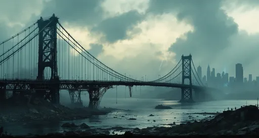 Prompt: A post-apocalyptic urban scene centered around a large partially collapsed suspension bridge that spans a wide river . The bridge appears to have suffered catastrophic structural failure-its central span has fallen into the water and the remaining sections lean precariously with cables hanging loose and broken. Debris in water. Smoke rises in the background hinting at recent destruction or ongoing fires. The color palette is dominated by muted blues and greys casting the entire scene in a grim, dusty light. The sky is painted in dirty, overcast tones with a sickly blue tint  suggesting pollution, smoke from fires in a dying sunset. Blue stormy clouds lit by blue lightnings. In the distant background the silhouette skyline of a ruined city with billowing smokes looms with ruined skyscrapers visible through haze lending the image a haunting, cinematic quality .
