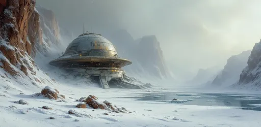 Prompt: A painting in the style of 19th-century realism. A sci-fi metallic structure on a frozen planet its base partially buried and covered by windswept snow. Harsh blizzard conditions. Snowy cliffs. An icy lake. Fog and snow particles in the air.