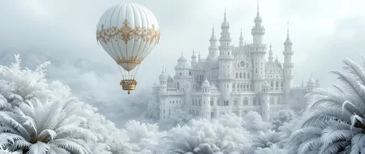 Prompt: A satin hot air balloon with a white ornate gondola adorned with gold floats above the dozens of towers of a vast white Renaissance-style castle inspired by 17th-18th century French chateaux of the Loire Valley. Thick mist. The castle is surrounded by lush tropical pure white plants covered in snow and frost and palms with white leaves covered in snow and frost and exotic white tropical flowers .