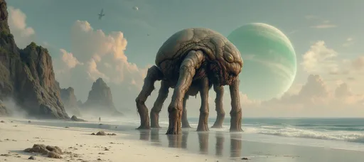 Prompt: A painting in the style of 19th-century realism. An alien beach with white sand. A very calm ocean. Rocky cliffs in ocean. Sunset. Mist. Puffy, pink clouds. A giant, ringed, green gaseous planet with satellites in the sky. At the horizon, partially submerged in ocean, there are a few massive, grotesque organisms with six legs with a hunched body and an unsettling hybrid anatomy. Their torso is bulbous and asymmetrical resembling a swollen mass of flesh rather than a clearly defined animal trunk, The surface of the skin looks leathery, rough and organic with muted tones of brown, gray and sickly reddish hues as if the tissue is scarred, aged or partially decayed. They stand on six, long, pillar-like legs that taper downward and end in hoof-like feet each foot showing vertical ridges similar to keratin growth rather than claws or toes. The legs are uneven in thickness and subtly bent giving the creature an unstable, shambling posture. The joints appear stiff and malformed. From the underside of the main body hang multiple short, fleshy appendages arranged irregularly like vestigial limbs or sensory organs. These appendages droop downward adding to the creature's unsettling, parasitic appearance. At one end of the body instead of a conventional head there is a dense cluster of long, worm-like tentacles. These tentacles twist and coil in different directions varying in thickness and length and appear muscular and moist. They seem to emerge from a recessed cavity possibly serving as sensory organs, feeding structures or manipulators. No visible eyes or mouth are clearly defined. On the right side of the image floating in the sky there is a massive, organic entity, its main body is elongated and tapered resembling a smooth, organic sunflower seed(squid) with numerous long, root-like tendrils instead of tentacles. These tendrils trail downward freely thin and fibrous branching irregularly like plant roots.