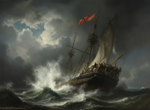 Prompt: A dramatic maritime scene in the style of 19th-century realism that depicts a large sailing ship caught in the midst of a violent storm. The vessel is tilted precariously as towering waves crash around it, its sails torn and rigging in disarray. The sky above is dark and ominous, filled with heavy storm clouds that seem to merge with the raging sea below.

The Ship and its Struggle
The ship, a grand wooden sailing vessel with multiple masts, is battered by the storm. The masts are still standing, but the sails are either missing or severely damaged, and ropes hang loosely from the rigging. A red flag flutters at the top of the main mast, contrasting with the gray and blue tones of the stormy scene.

Despite the dire situation, a group of sailors is visible on the deck, clinging to the ship as they attempt to weather the storm. Their figures appear small and vulnerable against the massive forces of nature. Some seem to be holding onto the railing, while others are huddled together, perhaps in desperation or prayer.

The Ocean’s Fury
The sea is painted in shades of deep green and blue, with enormous waves rising and crashing violently. The white foam of the waves adds to the sense of movement and chaos. In the foreground, a particularly massive wave dominates the scene, curling and frothing as it threatens to engulf the ship. Pieces of wreckage float in the water, possibly remnants of another unfortunate vessel.

Seagulls can be seen flying above the waves, their presence adding a sense of scale and reinforcing the realism of the scene. Their flight against the wind mirrors the ship’s struggle to survive.

The Sky and Atmosphere
The sky is filled with storm clouds, painted in shades of gray, blue, and hints of brown. There is a subtle light breaking through in the distance, suggesting either the end of the storm or an eerie moment of calm before it intensifies again. The contrast between the darkness of the clouds and the brightness of the waves creates a visually striking and emotionally intense composition.

