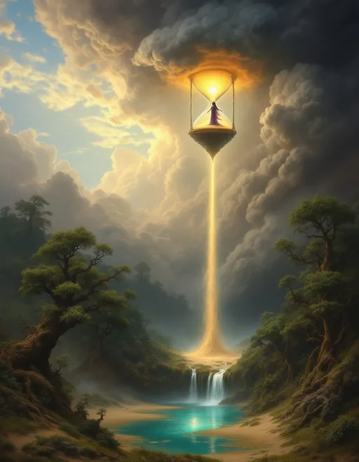 Prompt: A giant hourglass floating high up to the clouds shrouded in mist from which sand flows. A goddess wrapped in long, flowing purple veils ascends in flight toward the falling sand . Sand dunes covered by an enchanted, mysterious, lush forest with gnarled, lush, magical trees with tangled web of roots emerging from the ground. Waterfalls.  Mist. A turquoise pond. The most striking element is the sky . Thick, billowing clouds stretch across the sky, heavy and textured with tones of grey, brown, and hints of blue. These clouds seem to part just enough to reveal a glowing band of soft, golden-yellow light near the horizon, suggesting either a sunrise or a sunset. This light gently spills across the landscape, casting a muted radiance that enhances the depth and mystery of the scene. The style of 19th-century realism.