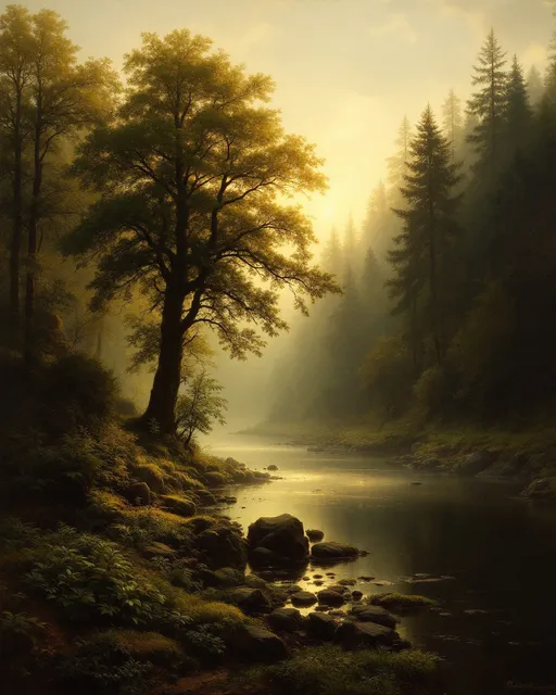 Prompt: A luminous, romantic-style landscape , that captures the quiet majesty of a forested riverside in the style of 19th-century realism.
A lush, tranquil forest scene bathed in the warm, golden light of either dawn or dusk. The light source comes from the upper left corner, casting a radiant glow through the trees and illuminating the misty atmosphere of the forest with a soft, ethereal effect.

In the foreground, a gentle river or stream flows calmly, reflecting the muted colors of the trees and sky above. The water is dark but serene, suggesting depth and stillness. The riverbank is lined with dense, green foliage—broad-leaved plants, mosses, and ferns—that thrive among the rocks scattered at the base of the trees.

A large trees dominate the scene, their leafy canopies reaching high into the sky and partially obscuring it. On the right side, the forest becomes darker and denser, filled with tall evergreens and deciduous trees, which add contrast to the light-soaked left side. The way the light filters through the branches and mists gives the scene a magical, almost sacred feeling—inviting but untouched.

In the background, the forest continues into the distance, becoming more abstract and bluish due to atmospheric perspective, adding depth and a sense of infinity to the composition. The sky is partly cloudy, with soft, creamy textures that enhance the overall mood of peacefulness and solitude.

There are no human figures or signs of civilization, emphasizing the purity and untouched quality of the natural setting. The artist’s focus seems to be on the harmony between light and shadow, detail and atmosphere, creating a poetic vision of nature as a sanctuary.

