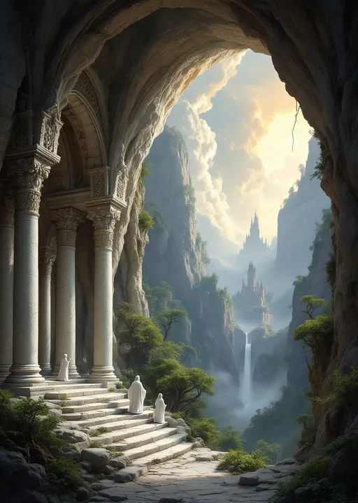 Prompt: The interior of a temple carved into a white stone huge cave with ornate columns and arches sculpted from the same white rock. White robed priests with white hair. The cave opens to a breathtaking view of rocky cliffs covered with an enchanted , mysterious, lush forest with gnarled, lush, magical trees with tangled web of roots emerging from the ground . In the distance a towering fairy tale style castle. Mist. Waterfalls. The most striking element is the sky . Thick, billowing clouds stretch across the sky, heavy and textured with tones of grey, brown, and hints of blue. These clouds seem to part just enough to reveal a glowing band of soft, golden-yellow light near the horizon, suggesting either a sunrise or a sunset. This light gently spills across the landscape, casting a muted radiance that enhances the depth and mystery of the scene. The style of 19th-century realism.