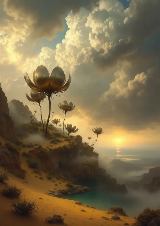 Prompt: Gigantic metal flowers enshrouded in mist and clouds growing up to the clouds sprouting from metal bulbs nestled on golden sand dunes .Sandy cliffs . Mist. A turquoise pond . The most striking element is the sky . Thick, billowing clouds stretch across the sky, heavy and textured with tones of grey, brown, and hints of blue. These clouds seem to part just enough to reveal a glowing band of soft, golden-yellow light near the horizon, suggesting either a sunrise or a sunset. This light gently spills across the landscape, casting a muted radiance that enhances the depth and mystery of the scene. The style of 19th-century realism.