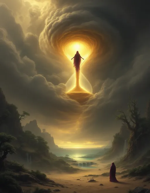 Prompt: A giant hourglass floating high up to the clouds shrouded in mist from which sand flows. A goddess wrapped in long, flowing purple veils ascends in flight toward the falling sand . Sand dunes covered by an enchanted, mysterious, lush forest with gnarled, lush, magical trees with tangled web of roots emerging from the ground. Waterfalls.  Mist. A turquoise pond. The most striking element is the sky . Thick, billowing clouds stretch across the sky, heavy and textured with tones of grey, brown, and hints of blue. These clouds seem to part just enough to reveal a glowing band of soft, golden-yellow light near the horizon, suggesting either a sunrise or a sunset. This light gently spills across the landscape, casting a muted radiance that enhances the depth and mystery of the scene. The style of 19th-century realism.