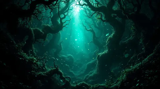 Prompt: A dark, enchanted forest bathed in an eerie blue-green light, creating a mystical and otherworldly atmosphere.
The scene is set in a dense, shadowy environment filled with twisted, gnarled tree branches or vines that curl and spiral into strange shapes, adding a surreal and slightly menacing tone. The vegetation is abundant and chaotic, covering much of the visible space, and appears to be shrouded in a thick magical mist due to the way the light filters through the space.
The color palette is dominated by deep teals, blues, and greens, evoking a sense of depth and mystery. In the center of the image, a bright, radiant light source pierces through the murkiness, casting shafts of illumination that highlight floating particles or leaves in the air (or water), giving the impression of a suspended, dreamlike world.
The environment suggests a magical forest, or a bioluminescent underwater cave. The shapes and outlines of the flora look unnatural — possibly enchanted — with an organic, almost tentacle-like appearance, and they reach out as if alive.
At the lower part of the image, the ground or floor is littered with glinting leaves or scales, reflecting the ambient light like small fragments of metal or glass. This adds to the shimmering, surreal aesthetic of the scene.
Overall mood: Mysterious, immersive, and slightly eerie — the scene evokes themes of magic, hidden danger, and unexplored worlds. It could easily belong to a fantasy or science-fiction setting, where nature is both beautiful and unpredictable.