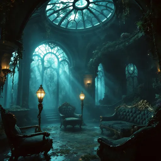 Prompt: An underwater, abandoned and eerie-looking dark hideout with gothic and steampunk-inspired architecture .The room is dimply lit with a bluish-green glow filtering through stained glass windows and a dirty curved glass ceiling with ornate wrought iron frames covered in algae, shellfish and grime . The atmosphere is mysterious with foggy light beams piercing through the air . Ornate , antique lamps shaped like seahorses stand in the foreground covered in rust, marine growth and shellfish . Steampunk sofas and armchairs . Dark-cyan fog .