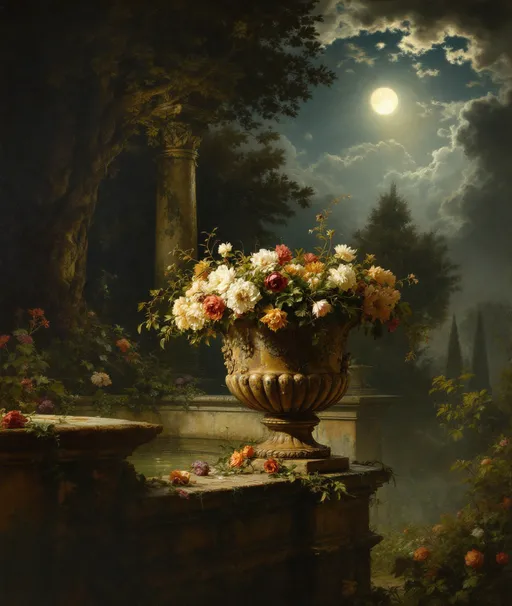 Prompt: A painting in the style of 19th-century realism. A fountain in a misty, wild, overgrown garden . A richly ornate floral urn weathered, chipped and cracked suggesting age and decay . The urn is filled with some wilted, drooping flowers. Some delicate silvery branches and leaves spill out from it. Weathered, mossy statues. A cypress tree. Mediterranean plants. Ornate columns.  A massive, gnarled, lush tree. Dark night. Full moon. Dramatic backlit clouds.