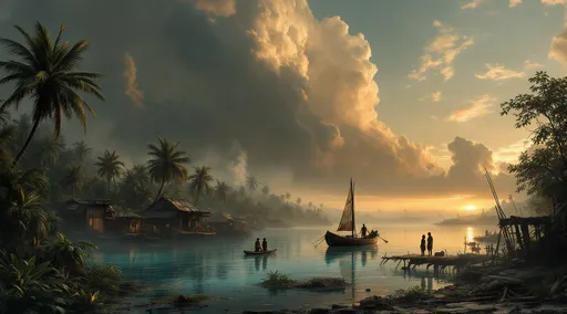 Prompt: A lagoon shallow turquoise water , leaning palms over water and lush tropical plants. Post-apocalyptic huts made of metal sheets, rags and wood on stilts over water. Mist. A boat with a patched sail. Men and women in tattered clothes. Billowing smoke from improvised chimneys. The most striking element is the sky . Thick, billowing clouds stretch across the sky, heavy and textured with tones of grey, brown, and hints of blue. These clouds seem to part just enough to reveal a glowing band of soft, golden-yellow light near the horizon, suggesting either a sunrise or a sunset. This light gently spills across the landscape, casting a muted radiance that enhances the depth and mystery of the scene. The style of 19th-century realism .