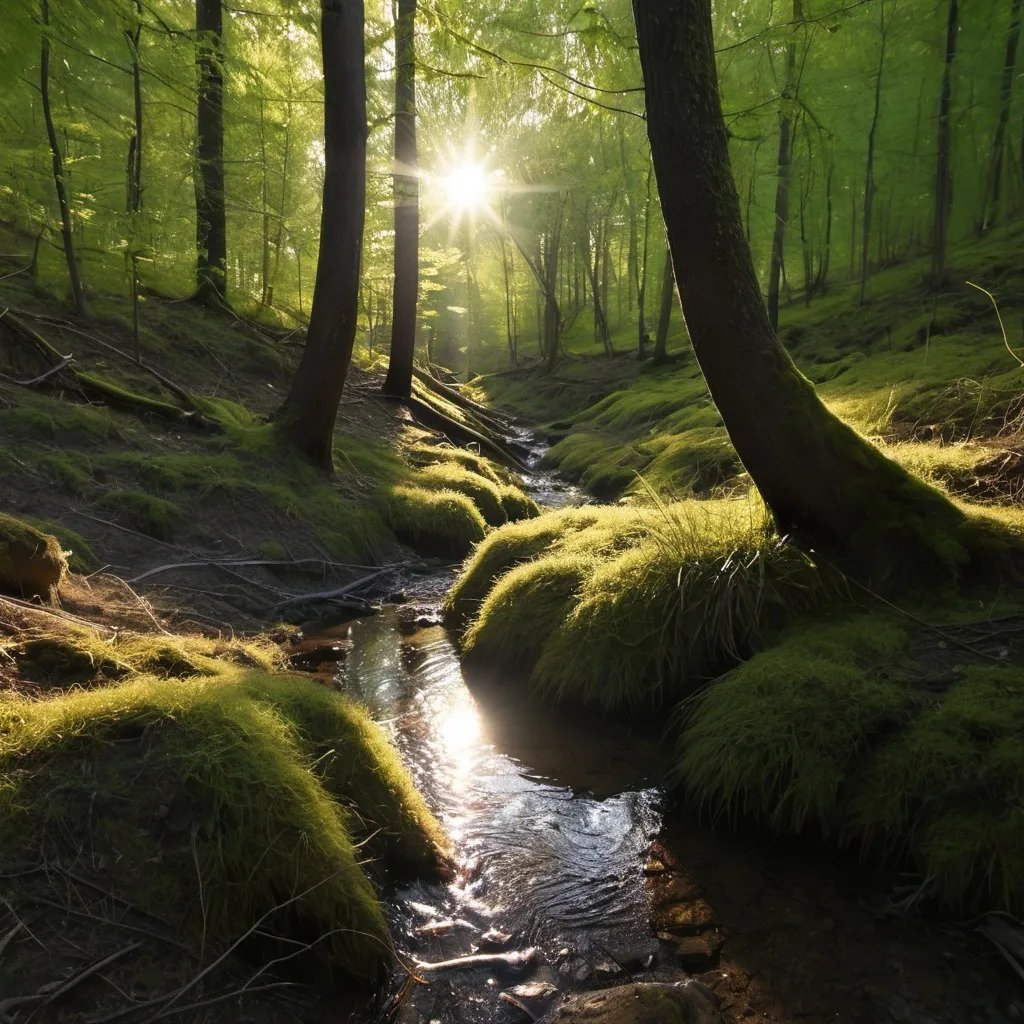 Prompt: a small creek deep in the forest lit by sun