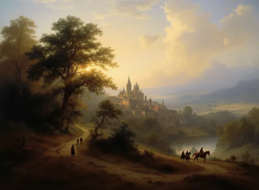 Prompt: A breathtaking view of a serene, almost dreamlike landscape at dusk in the style of 19th-century realism as indicated by the soft golden light that permeates the scene. In the foreground, tall trees with richly detailed foliage frame the composition on both the left and right sides. The sun's rays filter gently through the branches, casting long, warm shadows and creating a contrast between light and dark areas.

At the center of the scene, slightly to the left, a medieval town or castle is nestled among the trees and hills. Its architecture is marked by pointed towers and stone buildings, suggesting a setting in Europe, perhaps near the Rhine River. The warm light reflects off the rooftops and walls, lending a glowing, almost magical quality to the structures.

Below this, a winding path leads into the painting, guiding the viewer's eye from the foreground to the middle distance. Along the path, several figures on horseback and on foot are visible. They seem to be travelers or villagers, perhaps journeying toward the town. Their presence adds a sense of life and movement to the otherwise still scene.

To the right, a calm river winds its way through the landscape. Boats with sails can be seen on the water, either anchored or slowly drifting, indicating commerce or transportation. The river reflects the light of the sky and the surrounding hills, enhancing the tranquil atmosphere.

In the background, majestic mountains rise under a sky tinged with soft pink and orange hues. Wispy clouds float gently above, and a flock of birds can be seen in the distance, further emphasizing the peaceful and harmonious mood.

The scene masterfully combines natural elements with human presence, showcasing a romantic ideal of harmony between man and nature. The use of light, shadow, and detail evokes a sense of nostalgia and timeless beauty. 