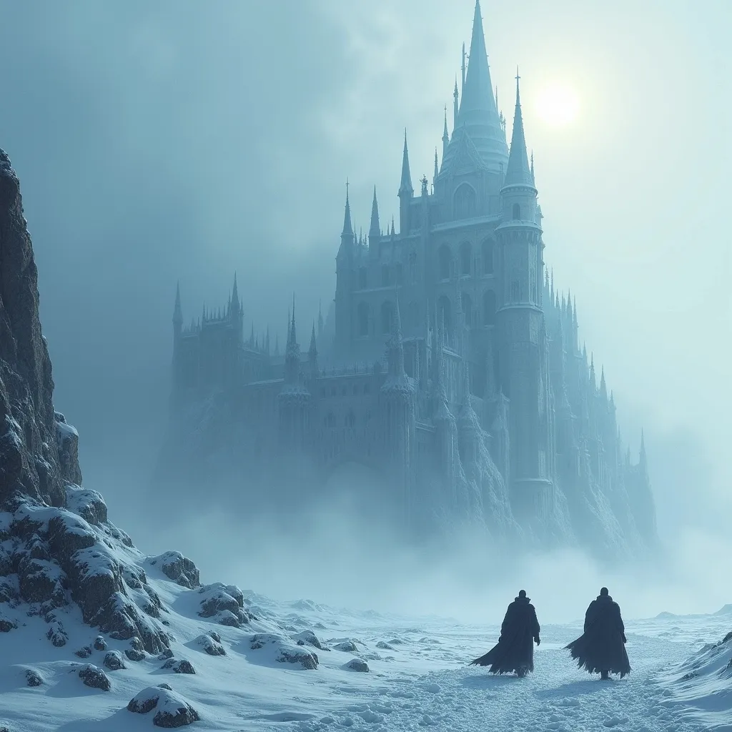 Prompt: On the left side a towering , ancient fortress of ice and stone rises from the frozen wasteland its gothic spires and intricate carvings covered in snow and frost . The colossal structure looms over the desolate landscape partially shrouded in mist and illuminated by the cold , pale light of the distant sun . In the foreground two travelers dressed in heavy cloaks carefully make their way through the snow covered terrain dwarfed by the overwhelming scale of the icy citadel . The atmosphere is eerie and mysterious evoking a sense of ancient power and forgotten legends . Thick mist . Wind blown-snow . Sunlight