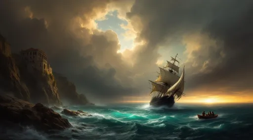 Prompt: A tilted galleon ghost ship with torn sails shrouded in mist navigating in the middle of stormy turquoise ocean. A rocky cliff with a Greek monastery perched on it . A rowboat with survivors . The most striking element is the sky . Thick, billowing clouds stretch across the sky, heavy and textured with tones of grey, brown, and hints of blue. These clouds seem to part just enough to reveal a glowing band of soft, golden-yellow light near the horizon, suggesting either a sunrise or a sunset. This light gently spills across the landscape, casting a muted radiance that enhances the depth and mystery of the scene. The style of 19th-century realism.
