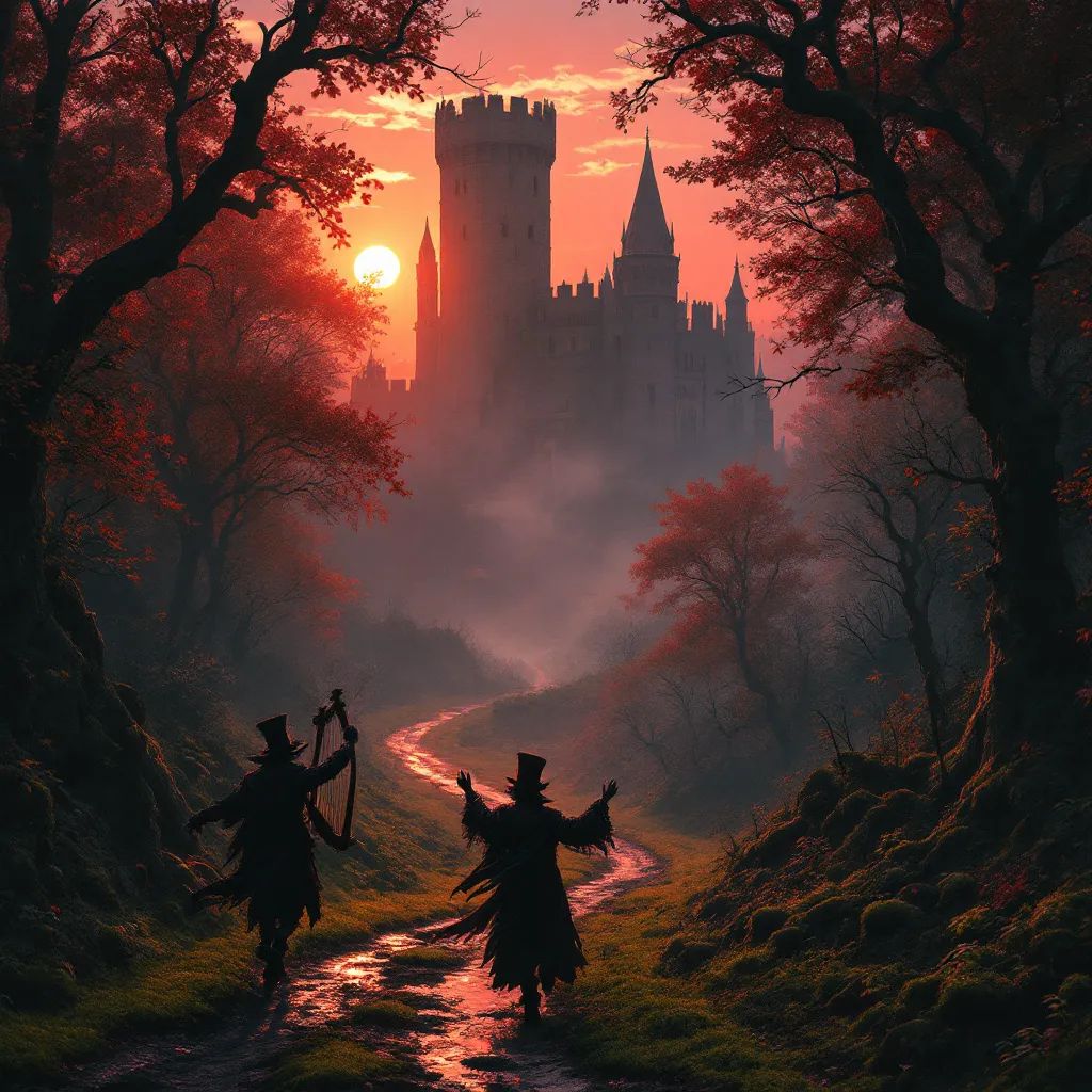 Prompt: The silhouettes of a shabby-dressed court jester and a minstrel playing a small hand-held harp that dance merrily along a winding, muddy path through a lush, green forest against the ethereal crimson hues of the setting sun. Behind them a grand, towering medieval castle rises in the distance partially veiled by mist and towering trees . Reddish light of the sunset. Mist. Eerie and mysterious scene .