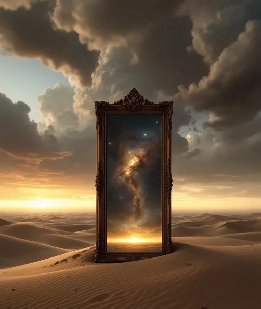 Prompt: A vertically standing ornate wooden mirror placed in the middle of sand dunes. In the reflection of the mirror a galaxy and stars  are visible as if the mirror is a portal to the cosmos. The most striking element is the sky . Thick, billowing clouds stretch across the sky, heavy and textured with tones of grey, brown, and hints of blue. These clouds seem to part just enough to reveal a glowing band of soft, golden-yellow light near the horizon, suggesting either a sunrise or a sunset. This light gently spills across the landscape, casting a muted radiance that enhances the depth and mystery of the scene. The style of 19th-century realism.