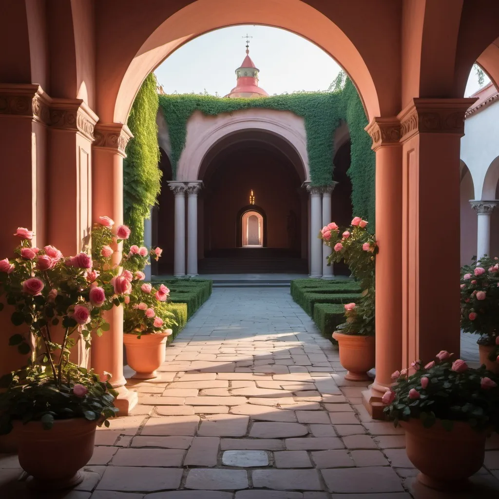 Prompt: A monastery . A view through the round pillars of the hallway to the center court . Rose bushes . The scene is lit by sunrise