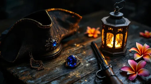 Prompt: A dark room at night. A view from above of a weathered old wooden table that holds a dirty pirate tricorn hat, a ring set with a large deep-blue sapphire, a pirate-style wooden beer mug with its lid raised and an ornate handle, a pirate flintlock gun, a pink-orange plumeria flower and a lit pirate-style, old, wooden, nautical lantern casting a warm glow. Partially hidden behind the tricorn a tiny luminous fairy peeks out with delicate translucent wings releasing a trail of glowing magical dust. Shallow depth of field, fantasy realism, moody atmosphere. A painting in the style of 19th-century realism.