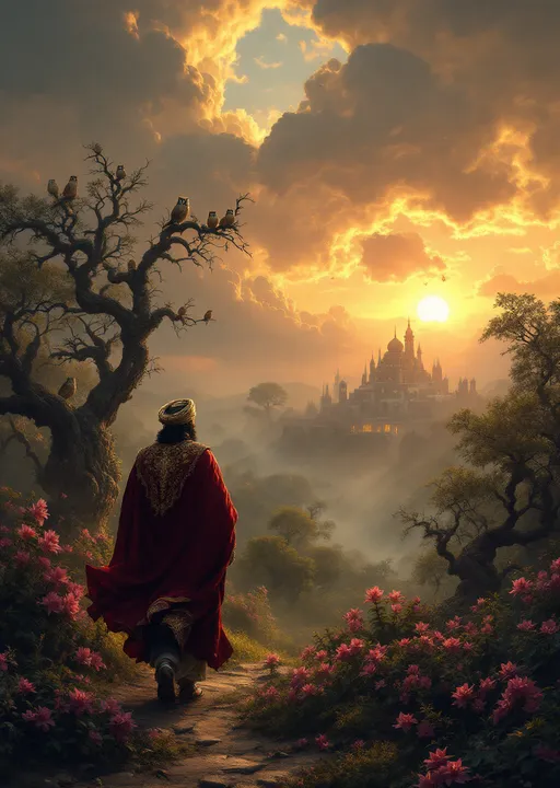 Prompt: A man dressed in a sumptuous caliph costume wearing an ornate turban and a flowing cloak walking beside his loyal servant in an enchanted lush forest with gnarled trees with swirling branches . Pink lilies . Tens of owls perched on tree branches . Mist. An Arabian palace in the distance above the treetops. Blood-red sunset. The most striking element is the sky . Thick, billowing clouds stretch across the sky, heavy and textured with tones of grey, brown, and hints of blue. These clouds seem to part just enough to reveal a glowing band of soft, golden-yellow light near the horizon, suggesting either a sunrise or a sunset. This light gently spills across the landscape, casting a muted radiance that enhances the depth and mystery of the scene. The style of 19th-century realism .