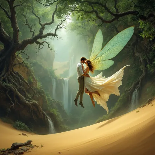 Prompt: A man and a woman embraced and kissing merged into a single body with dragonfly wings flying above sand dunes covered by an enchanted , mysterious , lush forest with gnarled , lush , magical trees with tangled web of roots emerging from the ground . Mist . Waterfalls . Sandy cliffs .