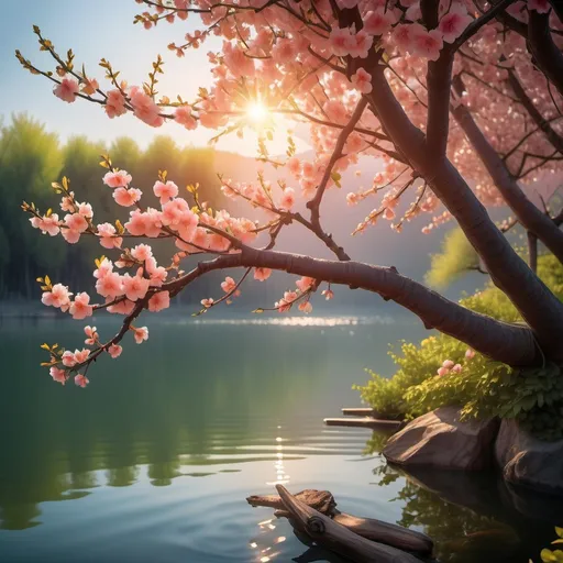 Prompt: dense peach branches laden with flowers hangs over a lake almost touching the water. Lit by sun . Vibrant glowing colors