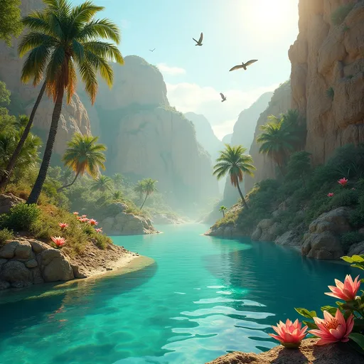 Prompt: Arid terrain . A turquoise pool with caustic effects. Tropical shrubs , tropical flowers , pink lilies , tropical lush vegetation and palm trees . Birds soaring in the sky . Sunlight . Mist 