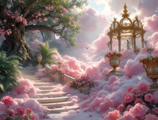 Prompt: A painting in the style of 19th-century realism. A surreal, ethereal, misty garden immersed in a blanket of frozen pink clouds lit by sunlight. The cloud sea is shimmering, crystallized and glowing softly. Sunlight. Shafts of sunlight. Delicate wisps and tendrils of frozen vapor rise from the cloud blanket. A gazebo richly decorated with  gold shaped like intricate filigree featuring delicate curls and lace-like metalwork. Lush tropical plants and palms. A lush, gnarled, massive tree with pink blossoms. Richly ornate floral urns, weathered, chipped and cracked suggesting age and decay. The urns are filled with some wilted, drooping flowers. Some delicate silvery branches and leaves spill out from it. A few small birds perched on the edge of the urns. Statues. Grand staircases with ornate weathered stone railings. Frozen pink roses. Columns and arches. A fairy with delicate , fluttering wings hovering above releasing a trail of glowing magical dust. The atmosphere is silent and otherworldly with pale silver-blue tones.