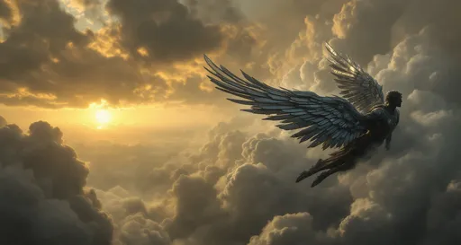 Prompt: A close-up on a flying man with wings made of metal feathers gliding through mist-shrouded clock towers .Mist. Waterfalls . The most striking element is the sky . Thick, billowing clouds stretch across the sky, heavy and textured with tones of grey, brown, and hints of blue. These clouds seem to part just enough to reveal a glowing band of soft, golden-yellow light near the horizon, suggesting either a sunrise or a sunset. This light gently spills across the landscape, casting a muted radiance that enhances the depth and mystery of the scene. The style of 19th-century realism.