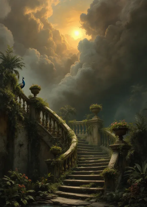 Prompt: A crumbling staircase of a ruined palace. The staircase has ornate stone balustrades decorated with stone urns filled with withered flowers. Lush tropical plants coil around the ornate pillars of the balustrades. A huge peacock stands gracefully on the steps. Lush tropical plants , flowers and palms. Mist. A ruined fountain with a statue covered in moss . A turquoise pool. The most striking element is the sky . Thick, billowing clouds stretch across the sky, heavy and textured with tones of grey, brown, and hints of blue. These clouds seem to part just enough to reveal a glowing band of soft, golden-yellow light near the horizon, suggesting either a sunrise or a sunset. This light gently spills across the landscape, casting a muted radiance that enhances the depth and mystery of the scene. The style of 19th-century realism.