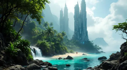 Prompt: Towering sci-fi buildings. Thick mist . An island of sand covered with lush, tropical plants and palms. A turquoise lagoon . Sunlight . A waterfall . Rocks.