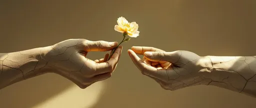 Prompt: A clay hand offering a delicate flower to another clay hand both sculpted with fine texture and cracks lit by sunlight, minimalist background, artistic and poetic atmosphere. A painting in the style of 19th-century realism.