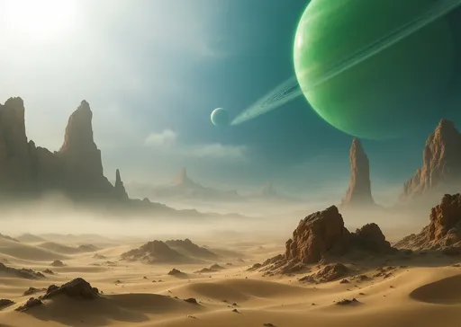 Prompt: A vast desert of sand dunes . Scattered , solitary , twisted , strange, tall, arched,  brown rocks . A giant, ringed, gaseous, green planet with huge satellites barely visible in the misty blue sky. Mist. Sunlight.