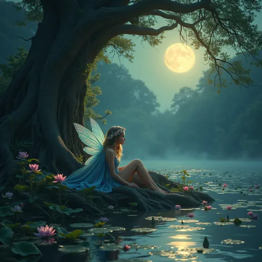 Prompt: Under the moonlight at the shore of a lake with floating pink lilies and aquatic plants a forest fairy with transparent wings dressed in blue veils with flowers in her hair lies stretched out resting on one elbow among the thick roots of a huge , gnarled , ancient and lush tree . The scene is bathed in the yellow light of the moon with dense thickets and trees in the background . Dense mist