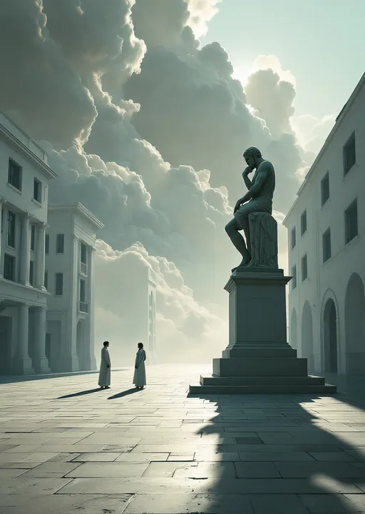 Prompt: A dreamlike deserted sci-fi urban square starkly lit with long shadows that suggests late afternoon . The light source is low and strong casting elongated shadows from the buildings , statue and figures across the ground.
At the center stands a Greek thinker statue. The statue is elevated on a pedestal and casts a dominating shadow that stretches toward the lower left corner.
White sci-fi buildings are flanking the square
Two small human figures dressed in white sci-fi clothes stand together to the left of the statue facing each other. Their presence emphasizes the vast emptiness of the square and adds a sense of isolation or mystery.
The entire scene is steeped in a surreal, mysterious stillness where time seems frozen. The empty square , long shadows and unusual color contrasts create an enigmatic almost dreamlike tension. Mist. Despite the classical architecture the scene feels oddly depopulated and filled with existential unease.
The most striking element is the sky . Thick, billowing clouds stretch across the sky, heavy and textured with tones of grey, brown, and hints of blue. These clouds seem to part just enough to reveal a glowing band of soft, golden-yellow light near the horizon, suggesting either a sunrise or a sunset. This light gently spills across the landscape, casting a muted radiance that enhances the depth and mystery of the scene. The style of 19th-century realism.
