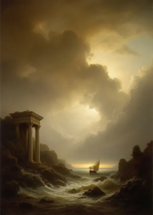 Prompt: White columns and arches , rocks , mist, stormy ocean , a sail ship
The most striking element is the sky . Thick, billowing clouds stretch across the sky, heavy and textured with tones of grey, brown, and hints of blue. These clouds seem to part just enough to reveal a glowing band of soft, golden-yellow light near the horizon, suggesting either a sunrise or a sunset. This light gently spills across the landscape, casting a muted radiance that enhances the depth and mystery of the scene. The style of 19th-century realism.
