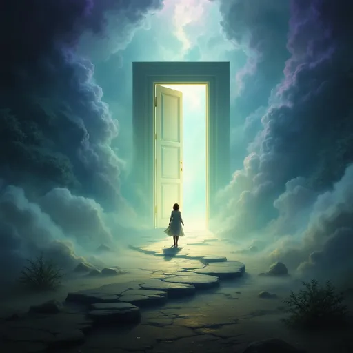 Prompt: A doorway standing open between reality and dream where the tangible world blends into a realm of surreal light, floating shapes and shifting colors - a mysterious threshold glowing softly inviting the viewer to cross into the unknown. A painting in the style of 19th-century realism.