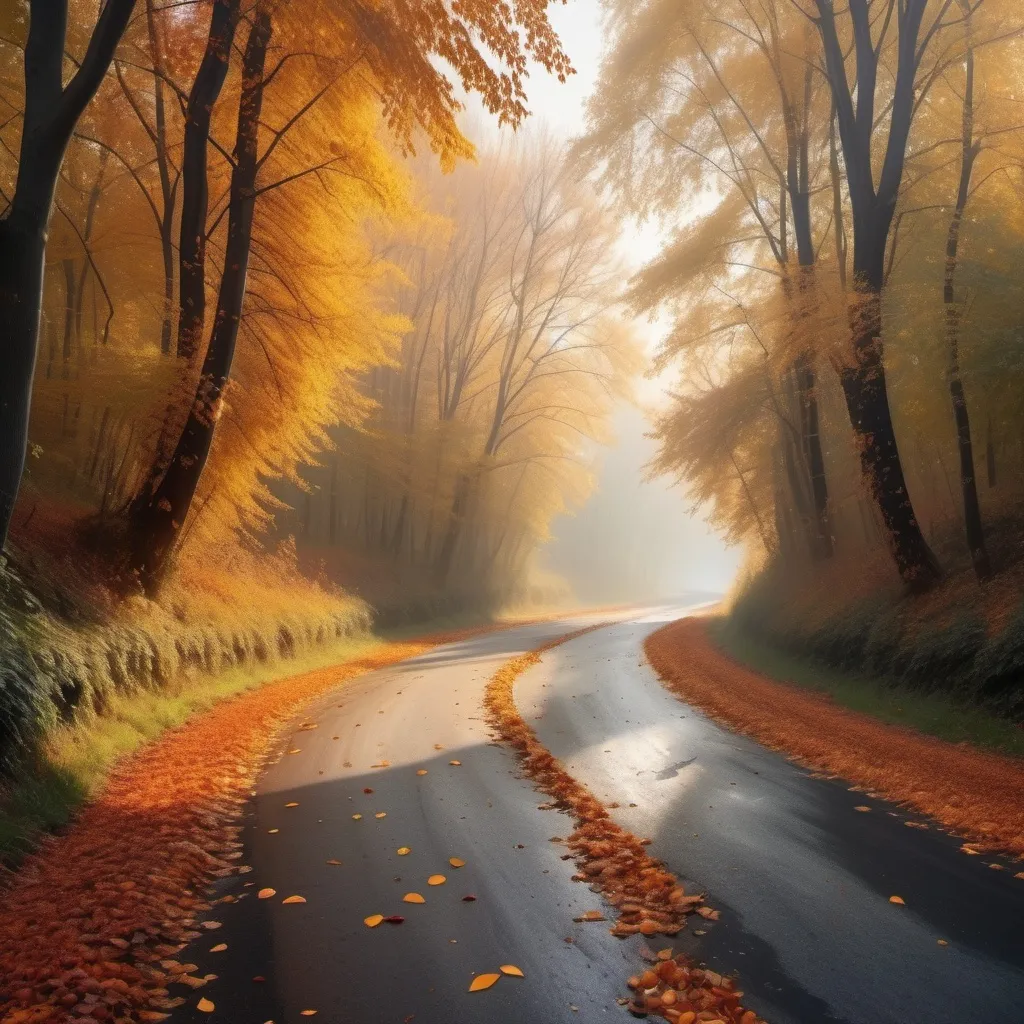 Prompt: a curved road through thickets with leaves in the colors of autumn. Dead leaves scattered all over the wet road. . The sun shine through the fog . Ethereal  and magic atmosphere