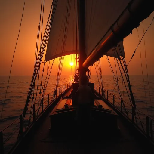 Prompt: A perspective froam a schooner's deck featuring the bow , bowsprit and sails against a vibrant orange sunset . The captain is at the helm.  Mist