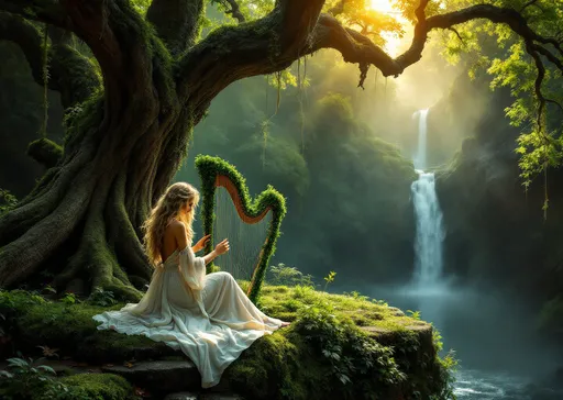 Prompt: A beautiful woman with long , wavy, blonde hair dressed in a soft, flowing white dress plays a harp covered in moss . The woman sits on a lush, elevated rock platform covered in moss and vines under a massive , gnarled , lush tree deep in a mystical forest. A thin waterfall cascades , flowing over the edge of the cliff into the misty depths below . The surrounding environment is dense with greenery - moss, vines, trees and rocky cliffs bathed in golden sunlight. The entire scene is bathed in a dreamlike, ethereal glow with rays of sunlight cutting through the mist creating a magical and surreal atmosphere. The woman appears to be deeply immersed in playing the piano adding a sense of serenity and emotion . Mist