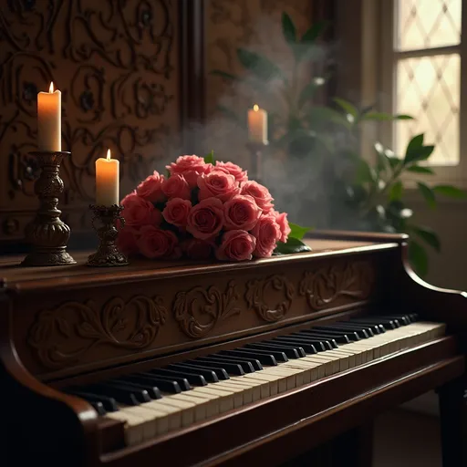 Prompt: a piano with wooden decorations, a bouquet of roses placed on it, two candles in decorated metal candlesticks , smoke , diffuse light