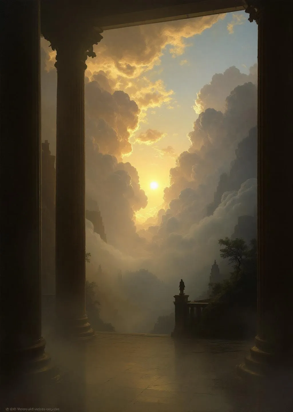 Prompt: A perspective from the interior of a palace with tall columns . Mist . The most striking element is the sky . Thick, billowing clouds stretch across the sky, heavy and textured with tones of grey, brown, and hints of blue. These clouds seem to part just enough to reveal a glowing band of soft, golden-yellow light near the horizon, suggesting either a sunrise or a sunset. This light gently spills across the landscape, casting a muted radiance that enhances the depth and mystery of the scene. The style of 19th-century realism.
