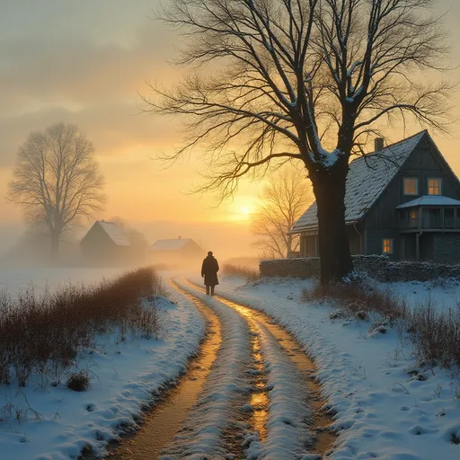 Prompt: A winter landscape with a few rustic country houses in the distance their windows glowing warmly .Haystacks . In the foreground a forked road covered in a mix of snow and mud with visible cartwheel tracks is flanked by two large bare trees . To the left a small grove of trees . A lone peasant traveler walks on the road . Mist rise from the ground creating an ethereal atmosphere . Sunset .  