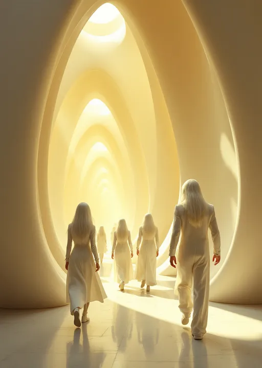 Prompt: Tall men and tall women with white hair dressed in sleek white futuristic clothing walking in a surreal and futuristic yet organic halls with enormous , sweeping blending organic-looking arches curving elegantly upwards resembling the inside of a luminous , futuristic cathedral. The walls and the arches are smooth creamy-white (butter color ) and softly reflective catching the golden light that floods the space . The illumination is warm and ethereal with sunlight pouring through unseen openings casting diffused shadows across the arched surfaces . The overall atmosphere feels sacred , timeless and slightly otherworldy.
