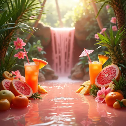 Prompt: A waterfall made of pink grapefruit juice cascading from cliffs of sugar . The waterfall flows into a pool of pink grapefruit juice surrounded by slices and wedges of lemon , orange , mango , watermelon , kiwi , pineapple , lush tropical plants, palm trees, orchids, pink lilies and other exotic flowers . Along the edges elegant cocktail glasses with colorful drinks with straws and tiny umbrellas add to the vibrant , refreshing atmosphere . Golden sunlight . Mist