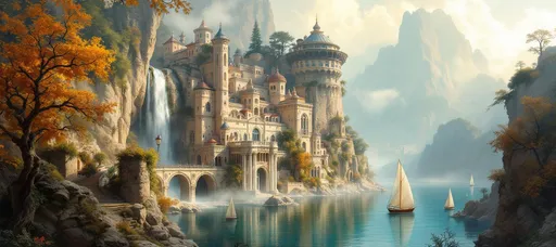 Prompt: A painting in the style of 19th-century realism. An eleven city perched on rocky cliffs. Cascading waterfalls. A turquoise lake. A close-up on the base of the cliffs where sail boats are floating on the lake. Elegant arched bridges and intricately designed buildings with curved rooftops and large arched  windows and columns. Mist. Lush, gnarled trees in the autumn colors. Sunlight.
