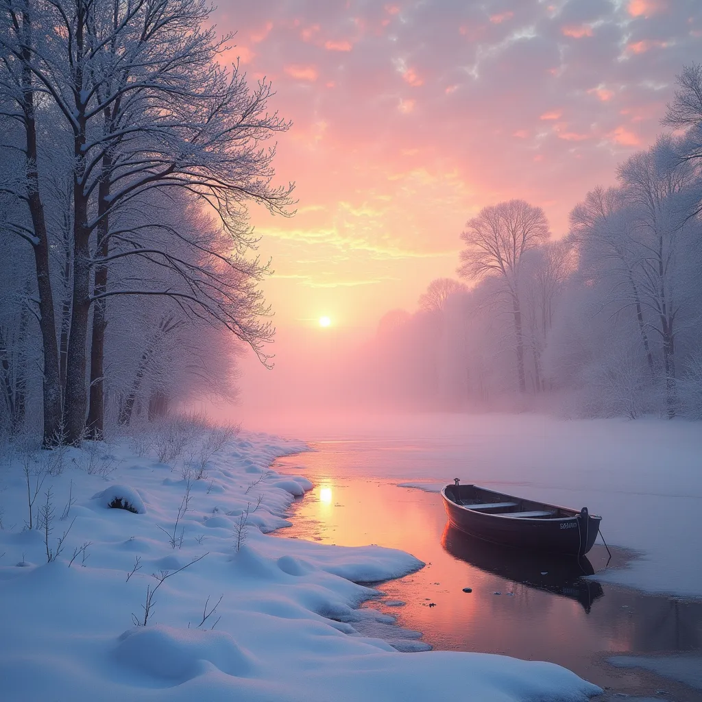 Prompt: The rosy light of the sunrise illuminates the snowy trees ,a  frozen river , ice sheets, a row boat at shore , mist